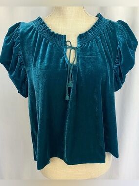 Free People Terese Velvet Top Size Small Teal Blue Puff Sleeve Boho Blouse